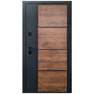 Вхідні двері серія Стріт модель Бонд (Вулиця) Графіт пісок фарба (профнастіл) / Темне дерево декор/гладь дуб темний Qdoors